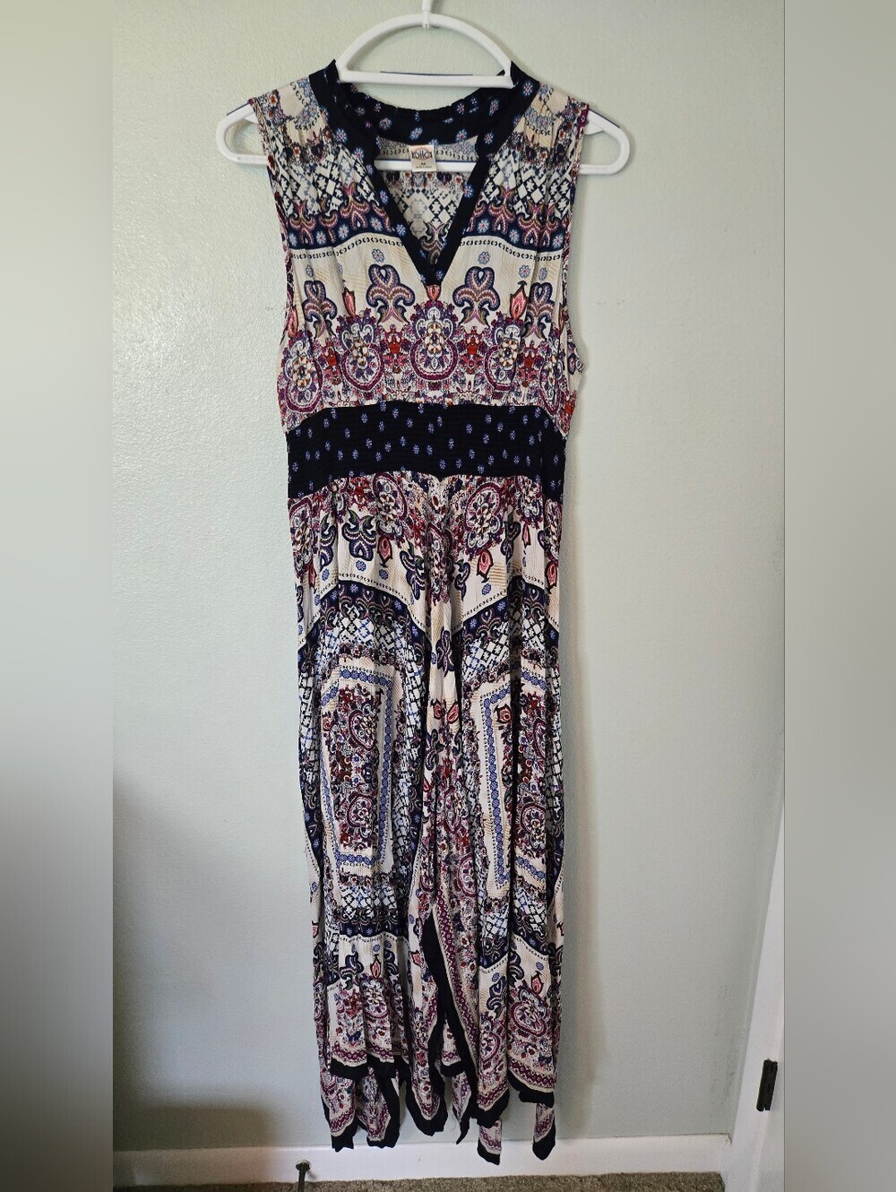 Bila | Navy And Red Paisley Boho Handkerchief Hem Sleeveless Maxi Dress Size Med